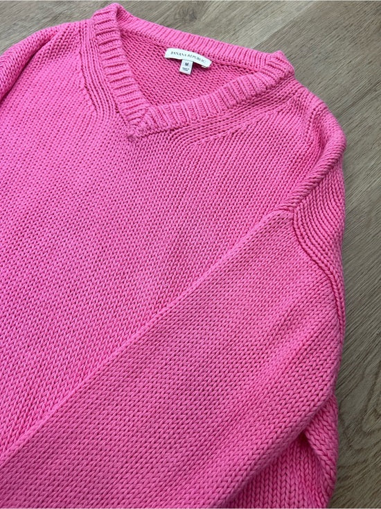 Banana Republic 100% Cotton Pink Textured Heavy Knit V - Neck Pullover Sweater