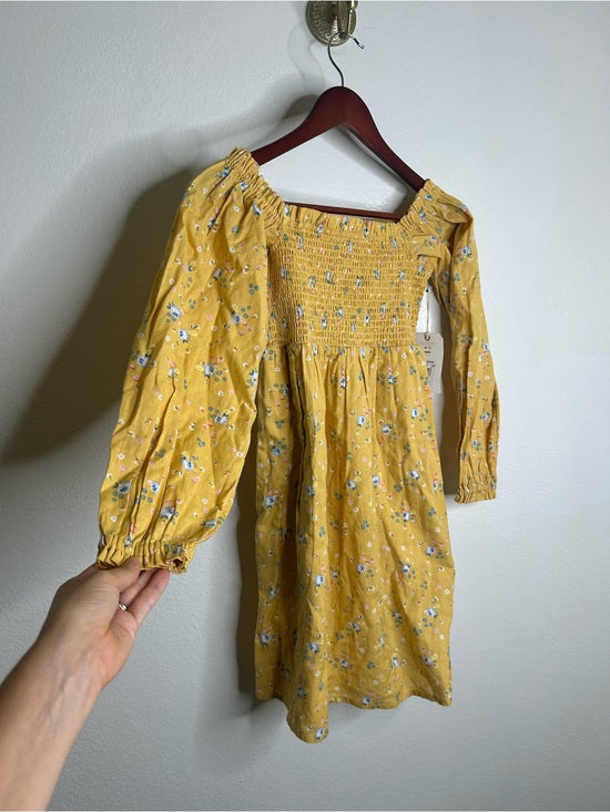Billabong x Wrangler Cotton Linen Yellow Floral Smocked Puff Sleeve Mini Dress