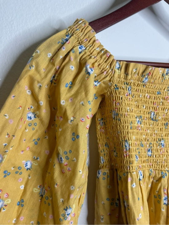 Billabong x Wrangler Cotton Linen Yellow Floral Smocked Puff Sleeve Mini Dress