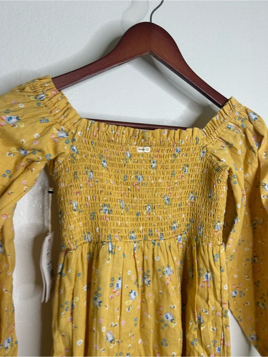 Billabong x Wrangler Cotton Linen Yellow Floral Smocked Puff Sleeve Mini Dress