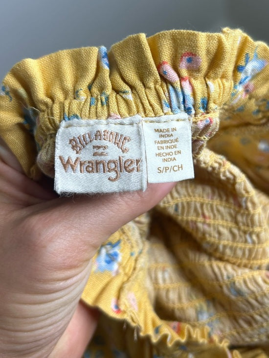 Billabong x Wrangler Cotton Linen Yellow Floral Smocked Puff Sleeve Mini Dress