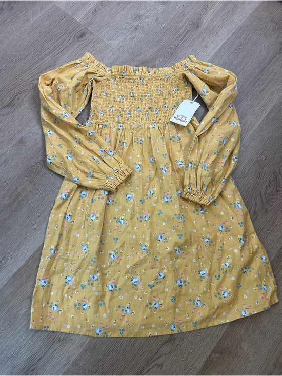 Billabong Billabong x Wrangler Cotton Linen Yellow Floral Smocked Puff Sleeve Mini Dress - Cotton, Linen