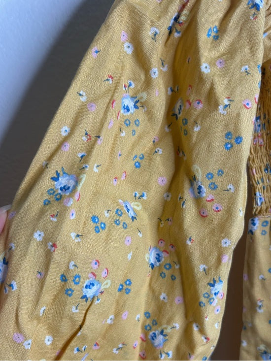 Billabong Billabong x Wrangler Cotton Linen Yellow Floral Smocked Puff Sleeve Mini Dress - Cotton, Linen