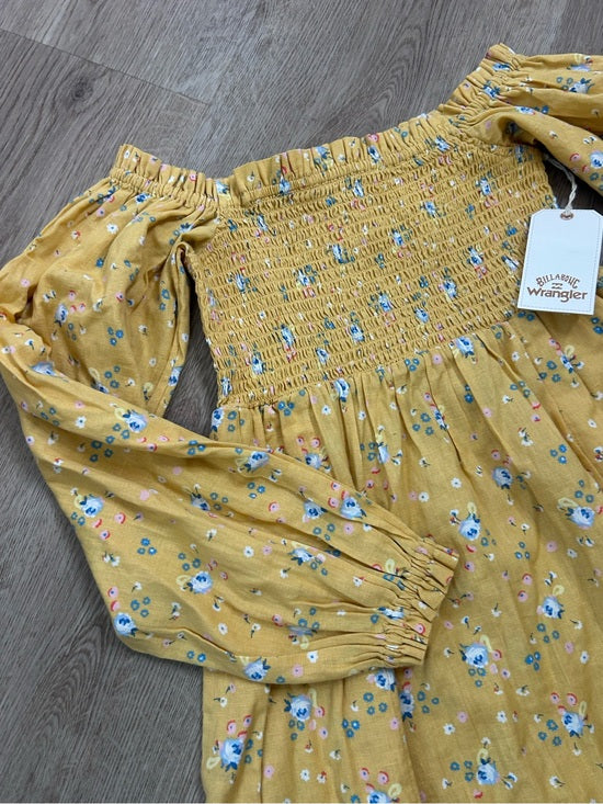 Billabong x Wrangler Cotton Linen Yellow Floral Smocked Puff Sleeve Mini Dress