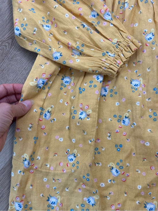 Billabong x Wrangler Cotton Linen Yellow Floral Smocked Puff Sleeve Mini Dress