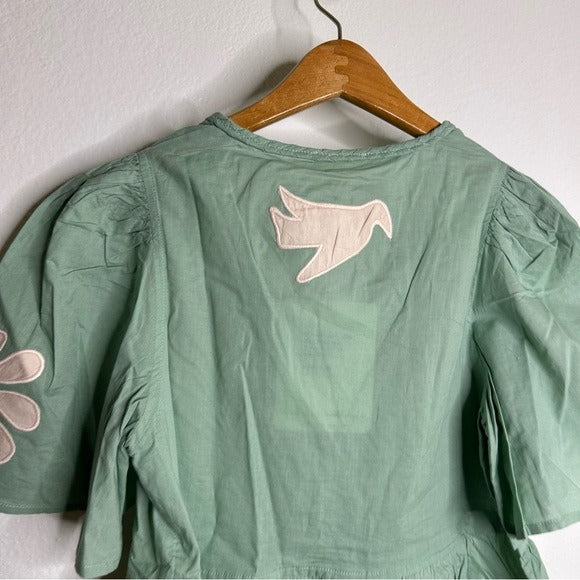 Ex Voto 100% Cotton Chloe Short Sleeve Blouse in Green
