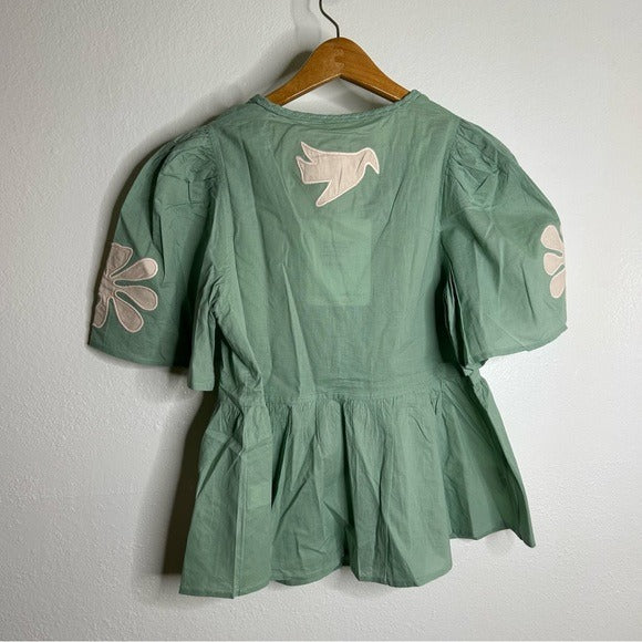 Ex Voto 100% Cotton Chloe Short Sleeve Blouse in Green