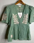 Ex Voto 100% Cotton Chloe Short Sleeve Blouse in Green