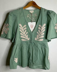 Ex Voto 100% Cotton Chloe Short Sleeve Blouse in Green