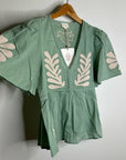 Ex Voto 100% Cotton Chloe Short Sleeve Blouse in Green