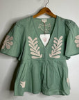 Ex Voto 100% Cotton Chloe Short Sleeve Blouse in Green