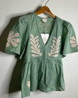 Ex Voto 100% Cotton Chloe Short Sleeve Blouse in Green