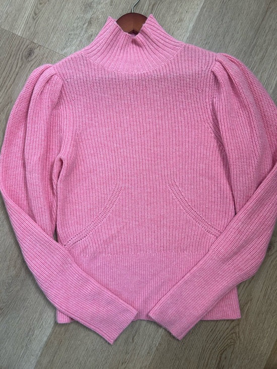 FRAME Wool Cashmere Puff Sleeve Turtleneck Sweater in Spanish Pink