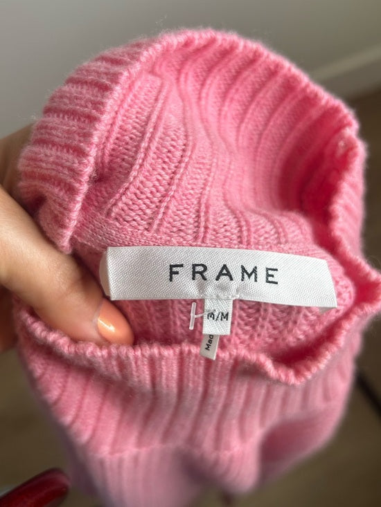 FRAME Wool Cashmere Puff Sleeve Turtleneck Sweater in Spanish Pink
