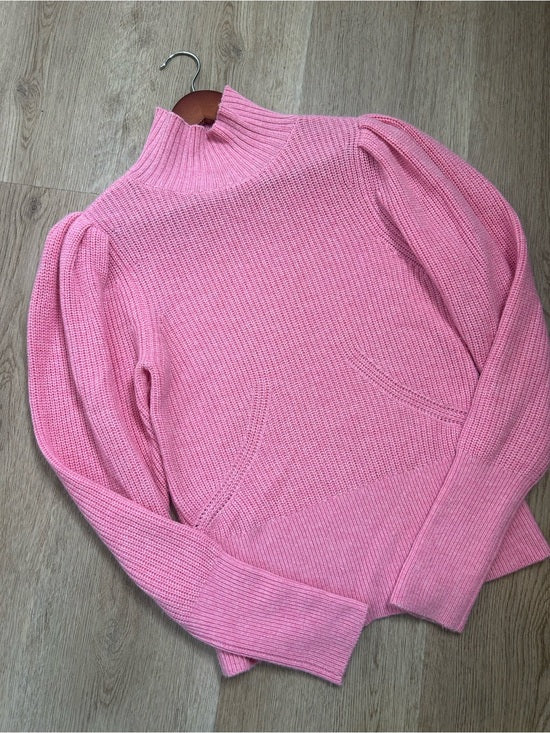FRAME Wool Cashmere Puff Sleeve Turtleneck Sweater in Spanish Pink