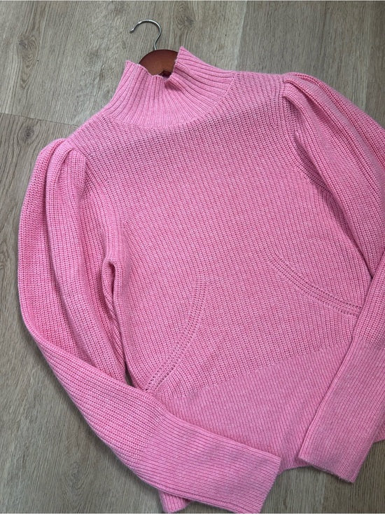 FRAME Wool Cashmere Puff Sleeve Turtleneck Sweater in Spanish Pink