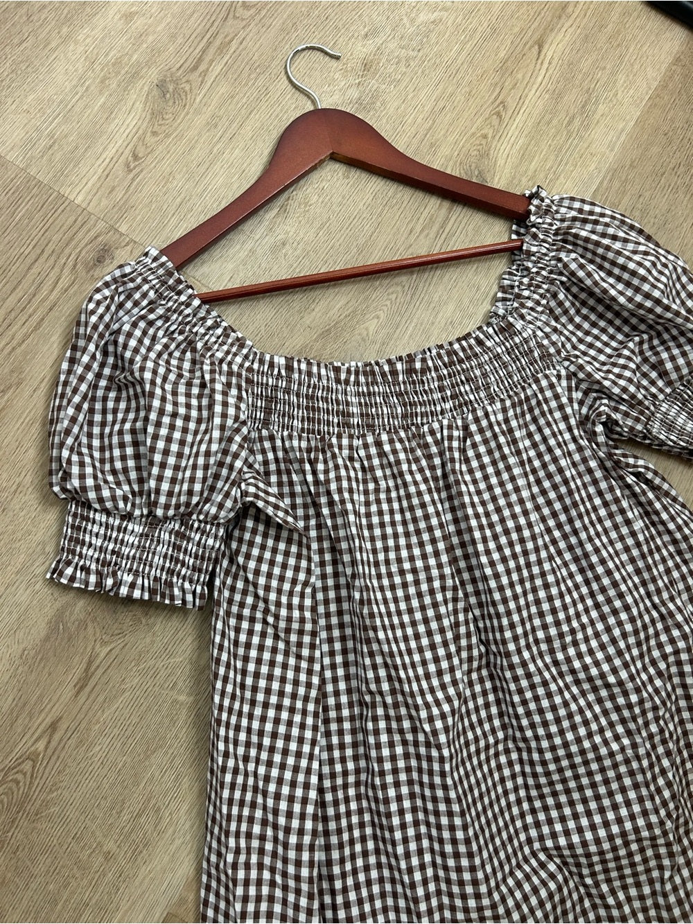 Petal &amp;  Pup 100% Cotton Brown Gingham Puff Sleeve Short Sleeve Kennedy Dress