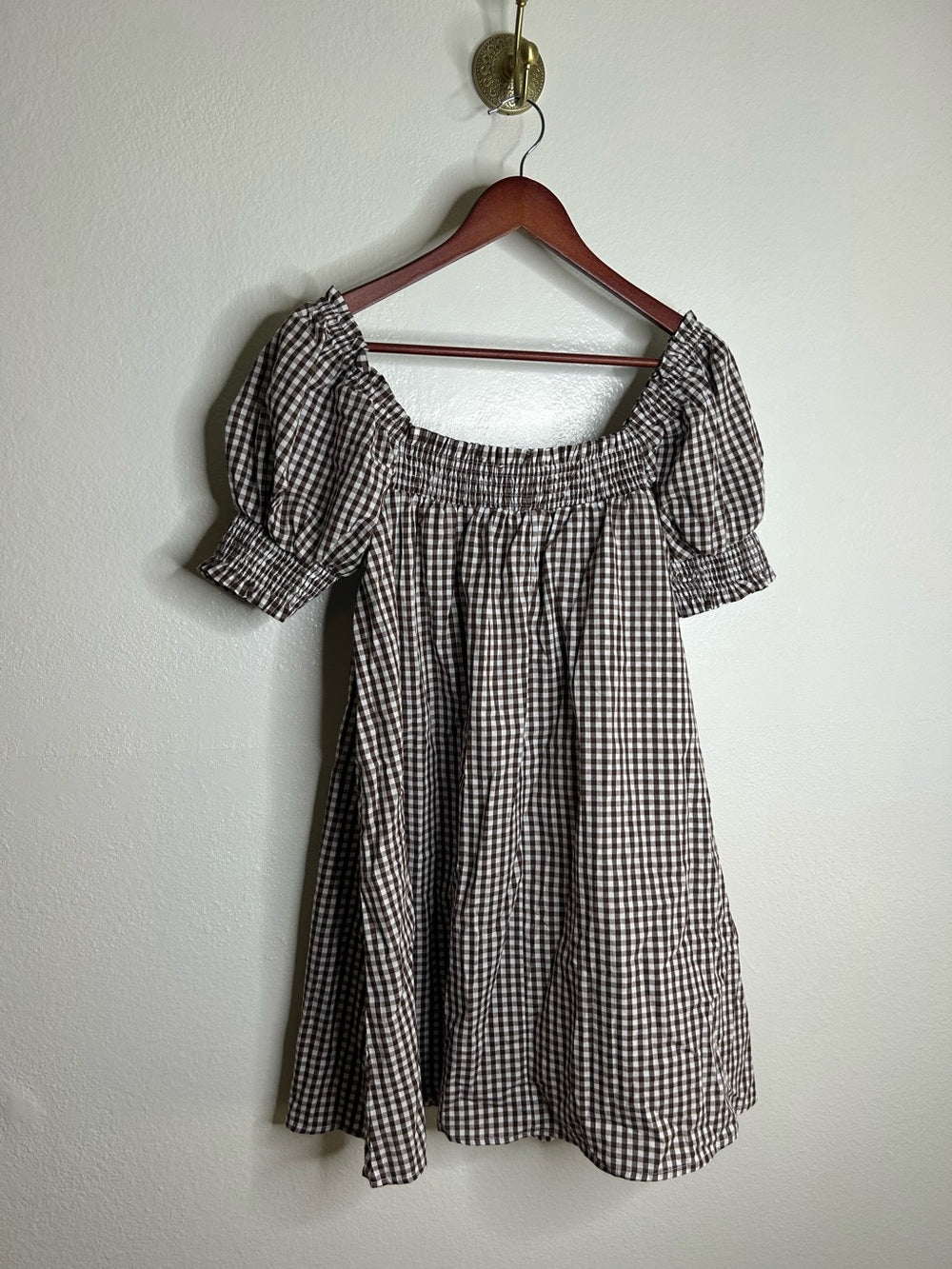 Petal &amp;  Pup 100% Cotton Brown Gingham Puff Sleeve Short Sleeve Kennedy Dress