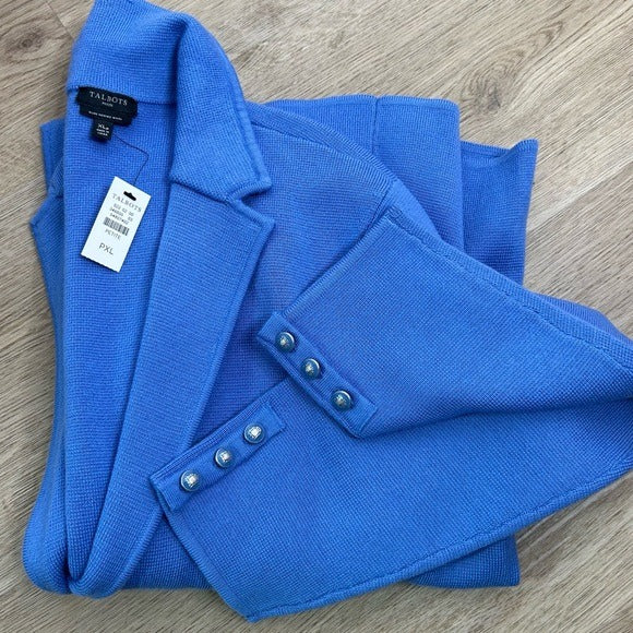Talbots 100% Merino Wool Blue Knit Collared Blazer Jacket