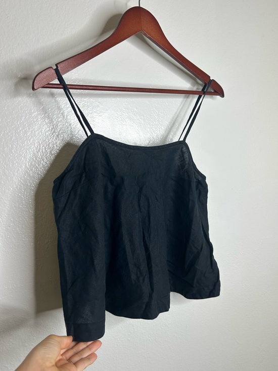 Unsubscribed 100% Linen Black Boxy Loose Fit Camisole Adjustable Tie Back Top