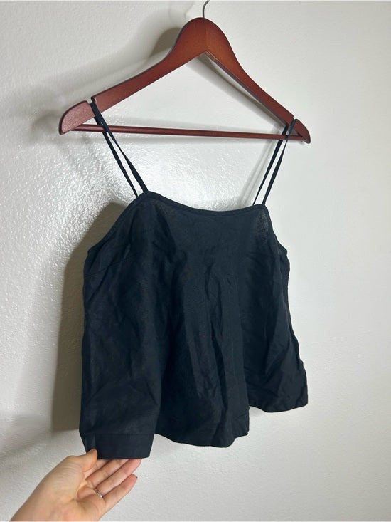 Unsubscribed 100% Linen Black Boxy Loose Fit Camisole Adjustable Tie Back Top