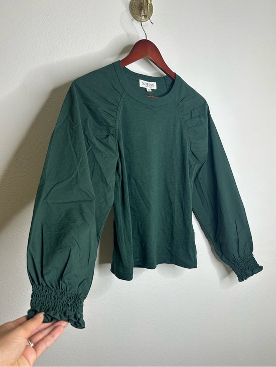 Nation LTD Nation LA 100% Cotton Forest Green Long Sleeve Ruched Shirred Blouse Top - Cotton
