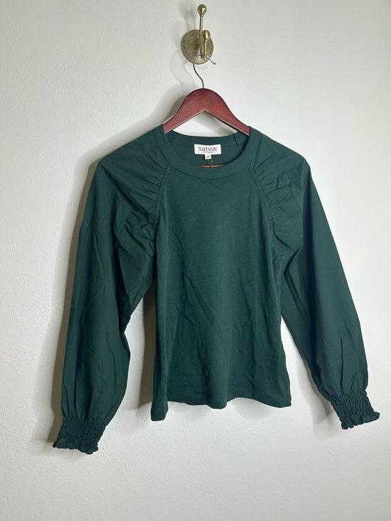 Nation LTD Nation LA 100% Cotton Forest Green Long Sleeve Ruched Shirred Blouse Top - Cotton