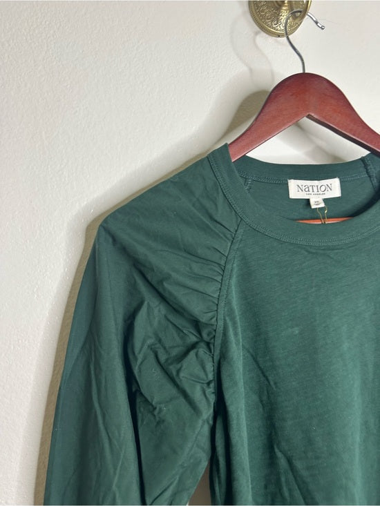 Nation LA 100% Cotton Forest Green Long Sleeve Ruched Shirred Blouse Top