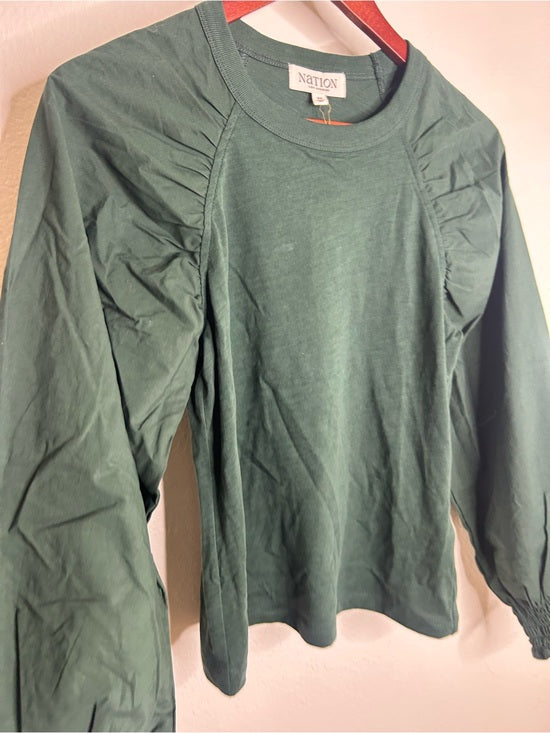 Nation LA 100% Cotton Forest Green Long Sleeve Ruched Shirred Blouse Top