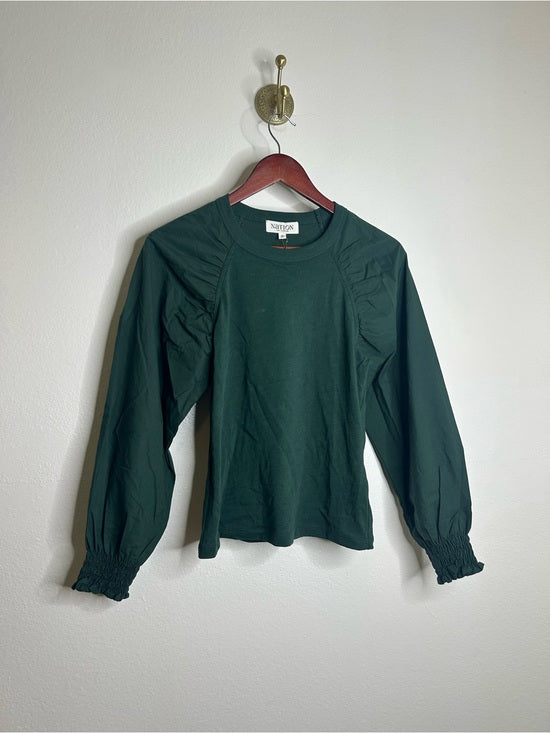 Nation LTD Nation LA 100% Cotton Forest Green Long Sleeve Ruched Shirred Blouse Top - Cotton