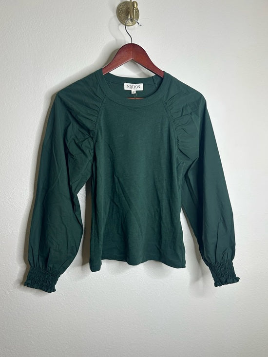 Nation LTD Nation LA 100% Cotton Forest Green Long Sleeve Ruched Shirred Blouse Top - Cotton