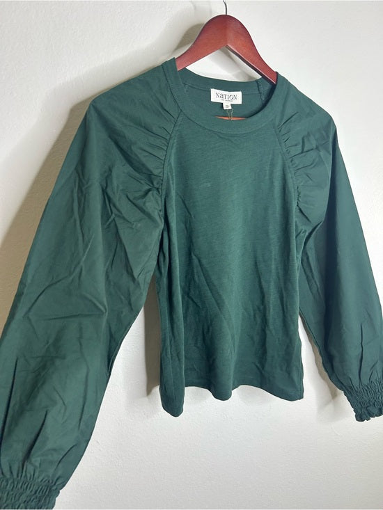 Nation LTD Nation LA 100% Cotton Forest Green Long Sleeve Ruched Shirred Blouse Top - Cotton
