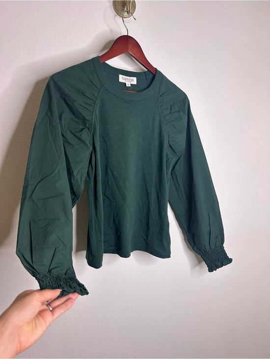 Nation LTD Nation LA 100% Cotton Forest Green Long Sleeve Ruched Shirred Blouse Top - Cotton