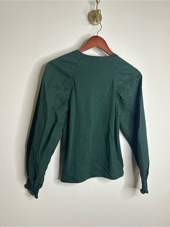 Nation LA 100% Cotton Forest Green Long Sleeve Ruched Shirred Blouse Top