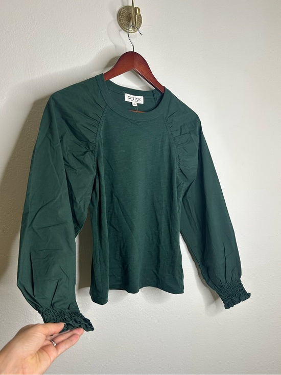 Nation LA 100% Cotton Forest Green Long Sleeve Ruched Shirred Blouse Top