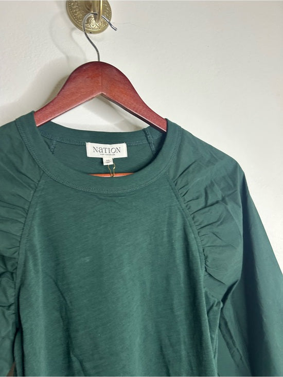 Nation LA 100% Cotton Forest Green Long Sleeve Ruched Shirred Blouse Top