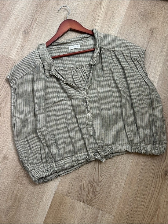 Free People x CP Shades 100% Linen Striped Boxy Fit Sleeveless Button Down Top