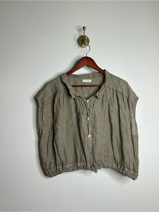 Free People x CP Shades 100% Linen Striped Boxy Fit Sleeveless Button Down Top