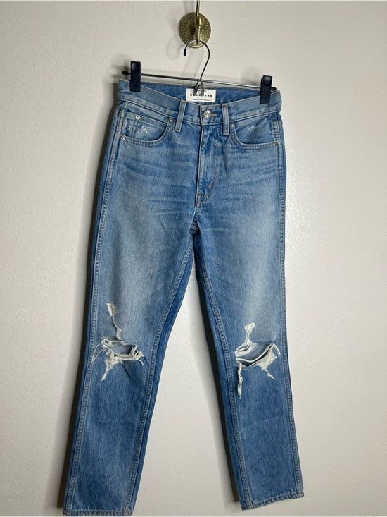 SLVRLAKE 100% Cotton Virginia Slim Straight Leg Distressed Jean Rolling Waters