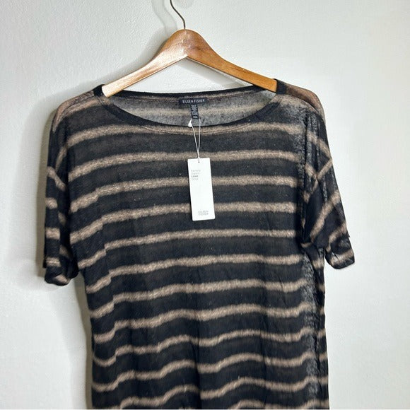 Eileen Fisher 100% Organic Linen Striped Short Sleeve T - Shirt M