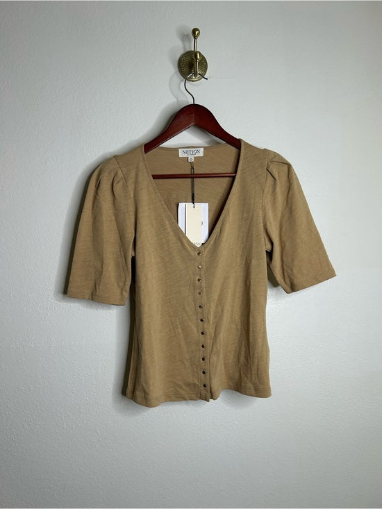 Nation LTD Nation LA 100% Cotton Jen Gold Button Down Puff Sleeve Top in Toffee - Cotton