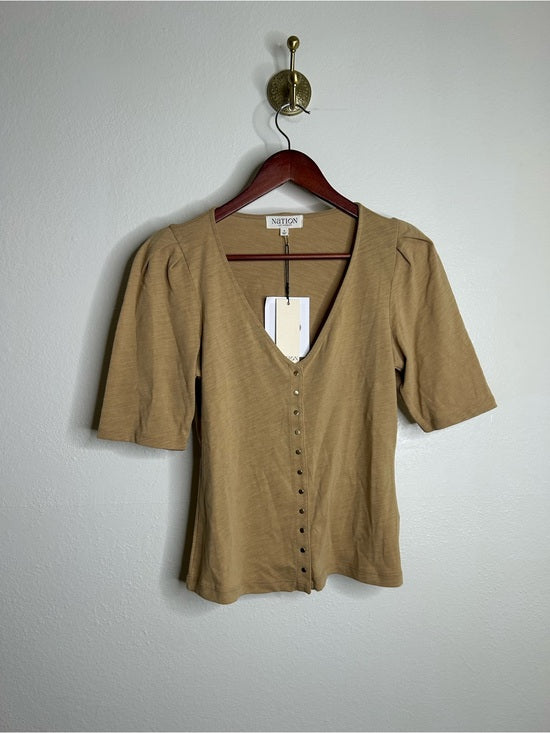 Nation LTD Nation LA 100% Cotton Jen Gold Button Down Puff Sleeve Top in Toffee - Cotton