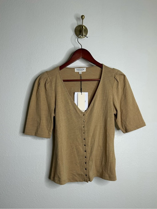 Nation LTD Nation LA 100% Cotton Jen Gold Button Down Puff Sleeve Top in Toffee - Cotton