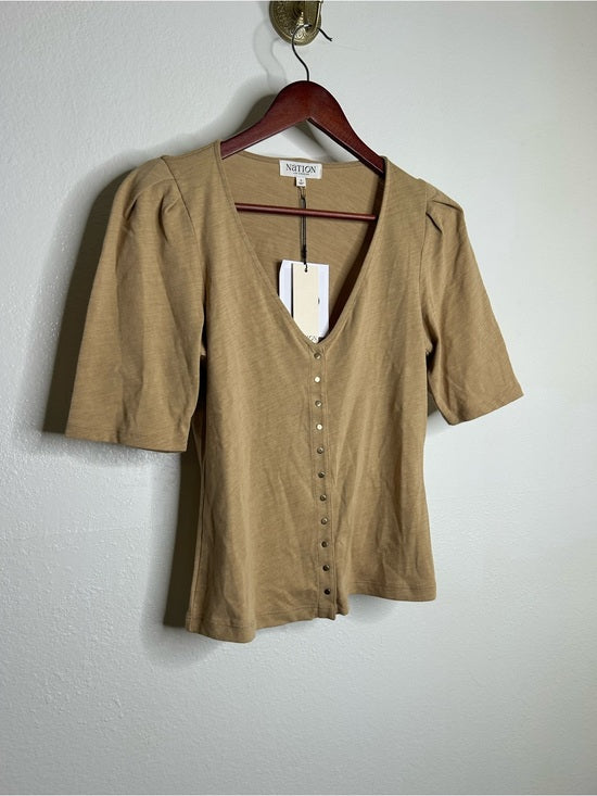 Nation LTD Nation LA 100% Cotton Jen Gold Button Down Puff Sleeve Top in Toffee - Cotton