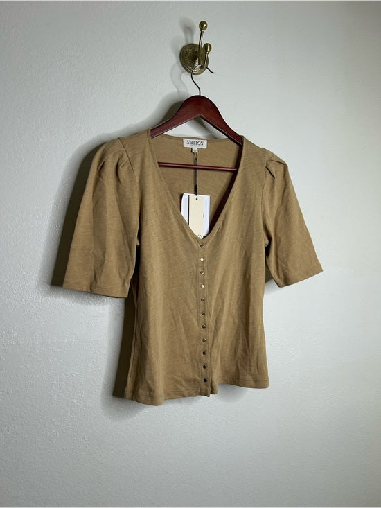 Nation LTD Nation LA 100% Cotton Jen Gold Button Down Puff Sleeve Top in Toffee - Cotton