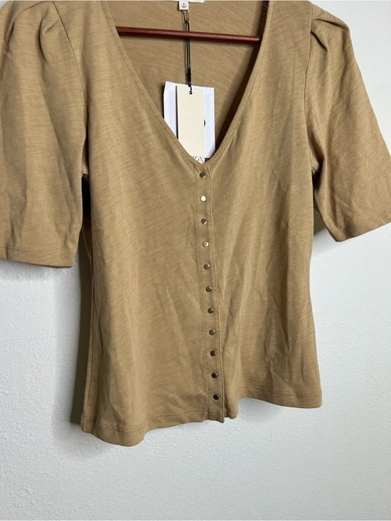 Nation LA 100% Cotton Jen Gold Button Down Puff Sleeve Top in Toffee