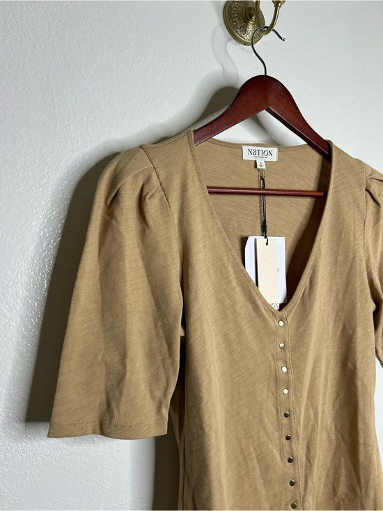 Nation LA 100% Cotton Jen Gold Button Down Puff Sleeve Top in Toffee