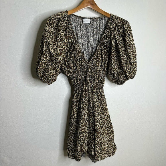 Matteau MATTEAU 100% Organic Cotton Neutral Floral Puff Sleeve V - Neck Mini Dress - Cotton