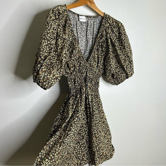 Matteau MATTEAU 100% Organic Cotton Neutral Floral Puff Sleeve V - Neck Mini Dress - Cotton