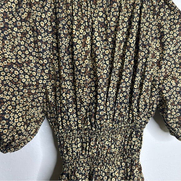MATTEAU 100% Organic Cotton Neutral Floral Puff Sleeve V - Neck Mini Dress